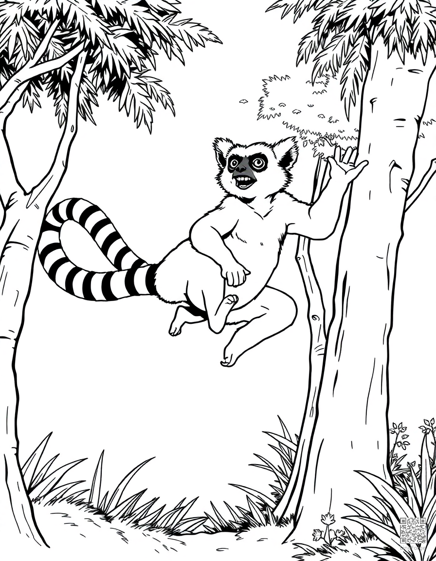 lemur leaping between trees in madagascar coloring page Manga style - free printable