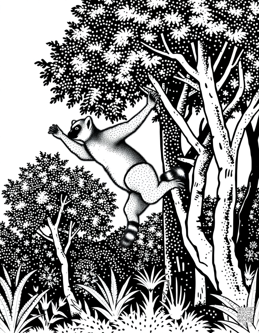 lemur leaping between trees in madagascar coloring page Stipple style - free printable
