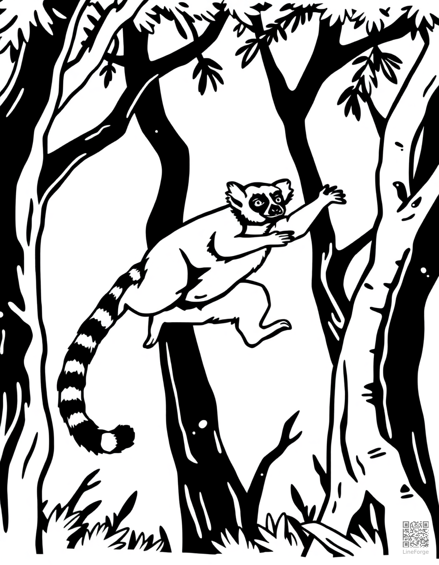 lemur leaping between trees in madagascar coloring page Woodcut style - free printable