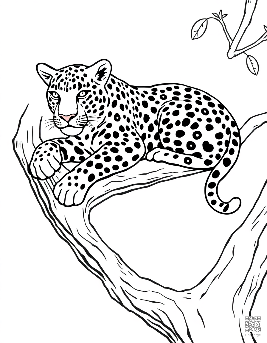 leopard resting on a tree branch coloring page Contour style - free printable