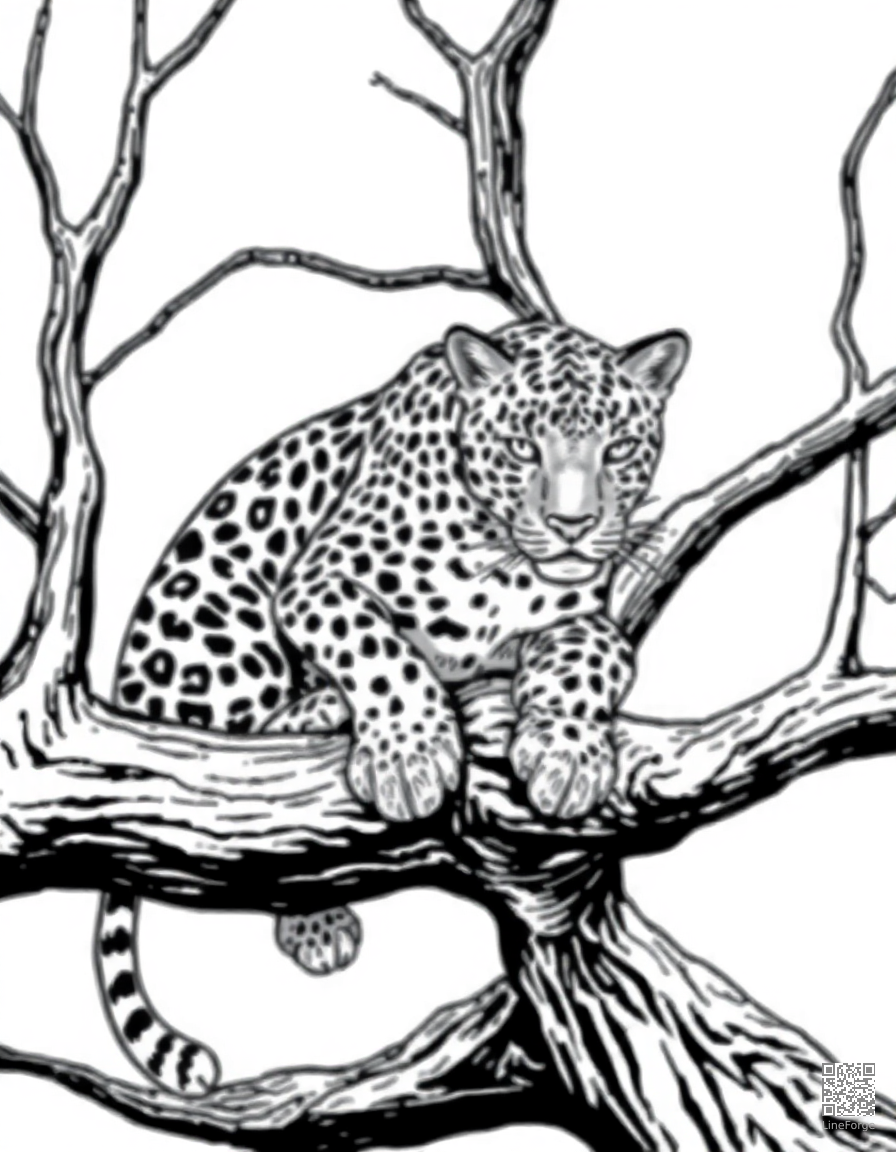 leopard resting on a tree branch coloring page Crosshatch style - free printable