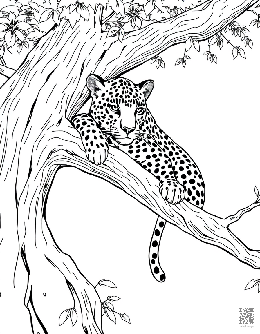leopard resting on a tree branch coloring page Manga style - free printable