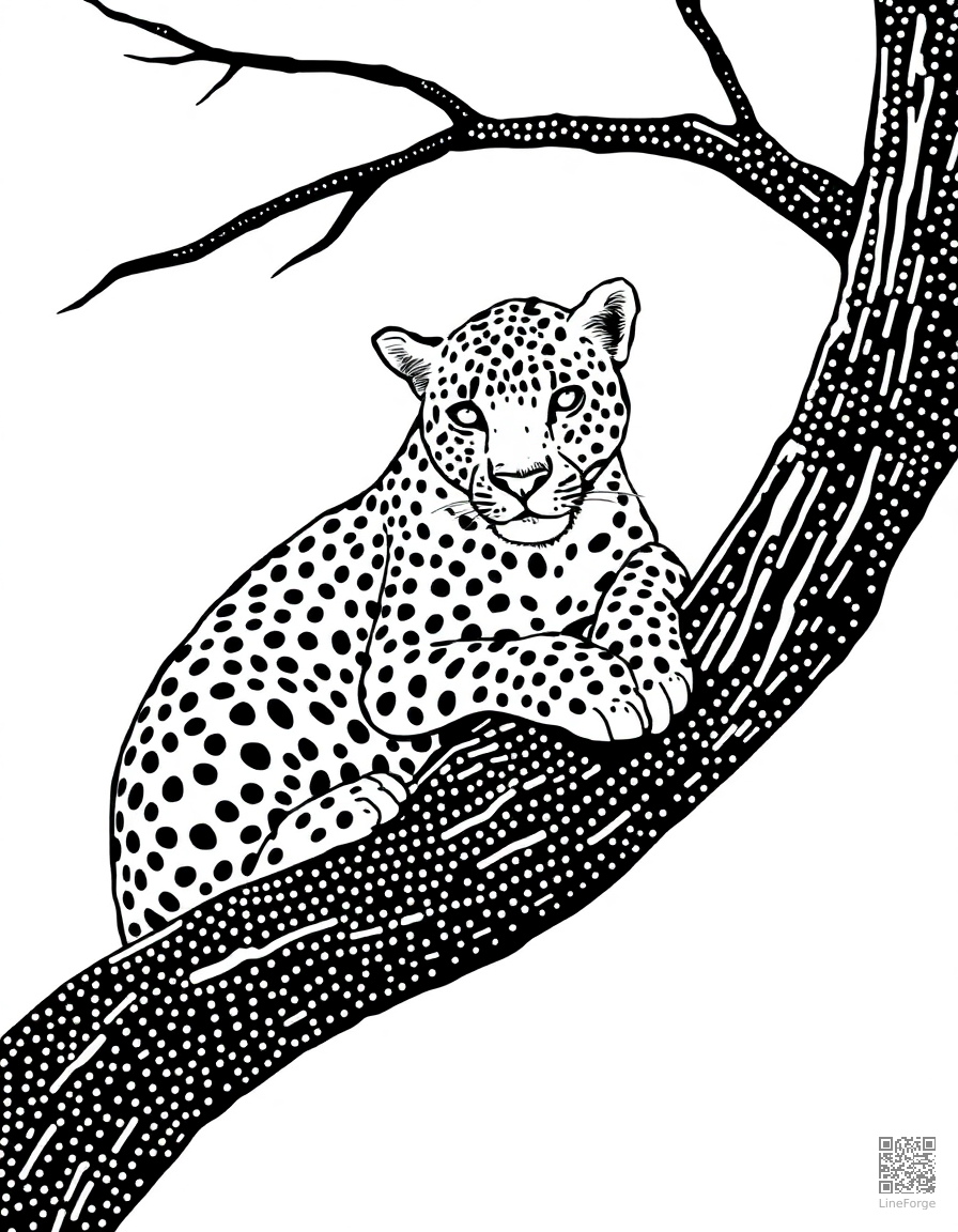 leopard resting on a tree branch coloring page Stipple style - free printable