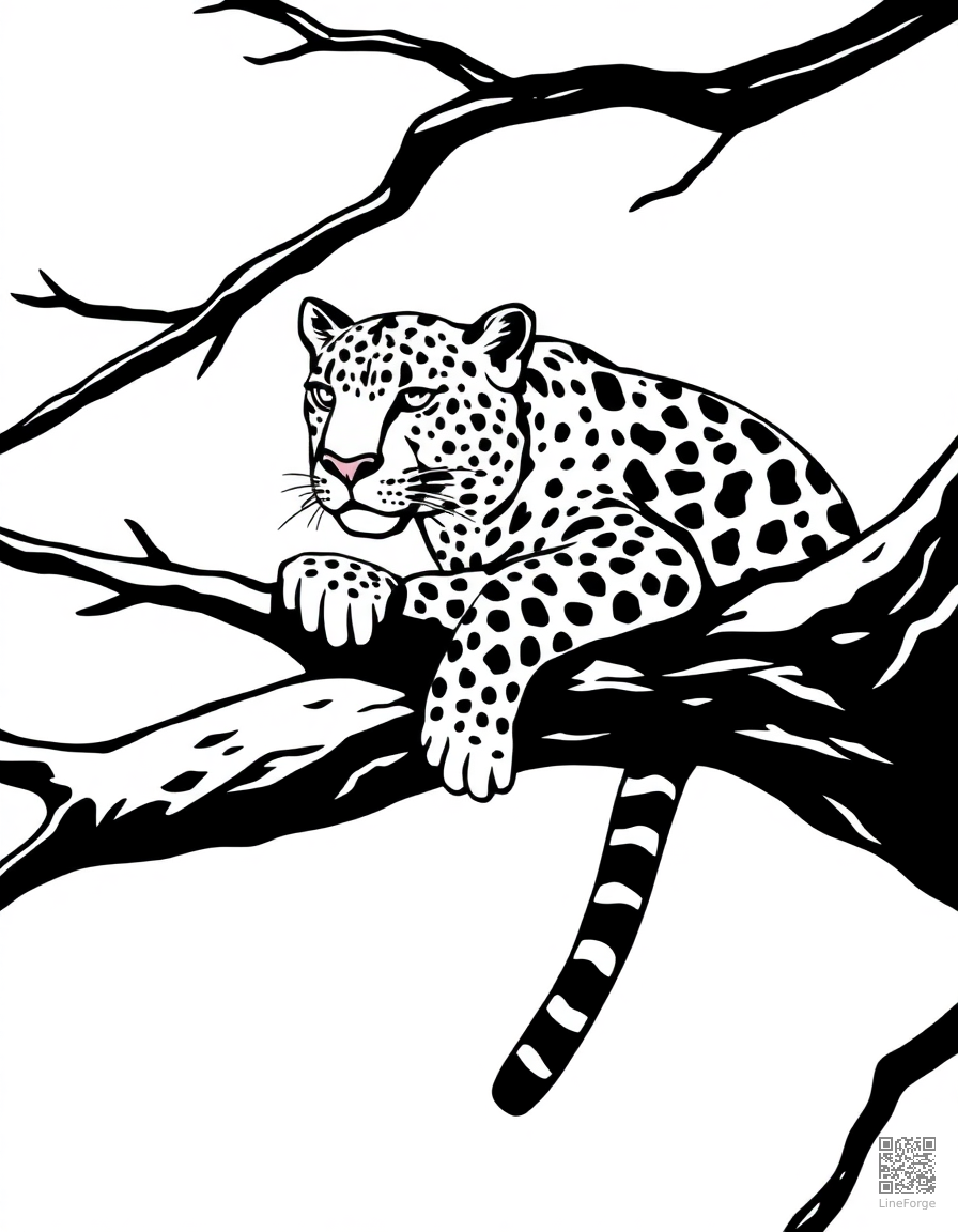 leopard resting on a tree branch coloring page Woodcut style - free printable