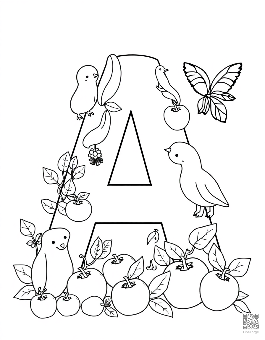 Free letter a decorated with animals and apples coloring page in contour style — printable line art