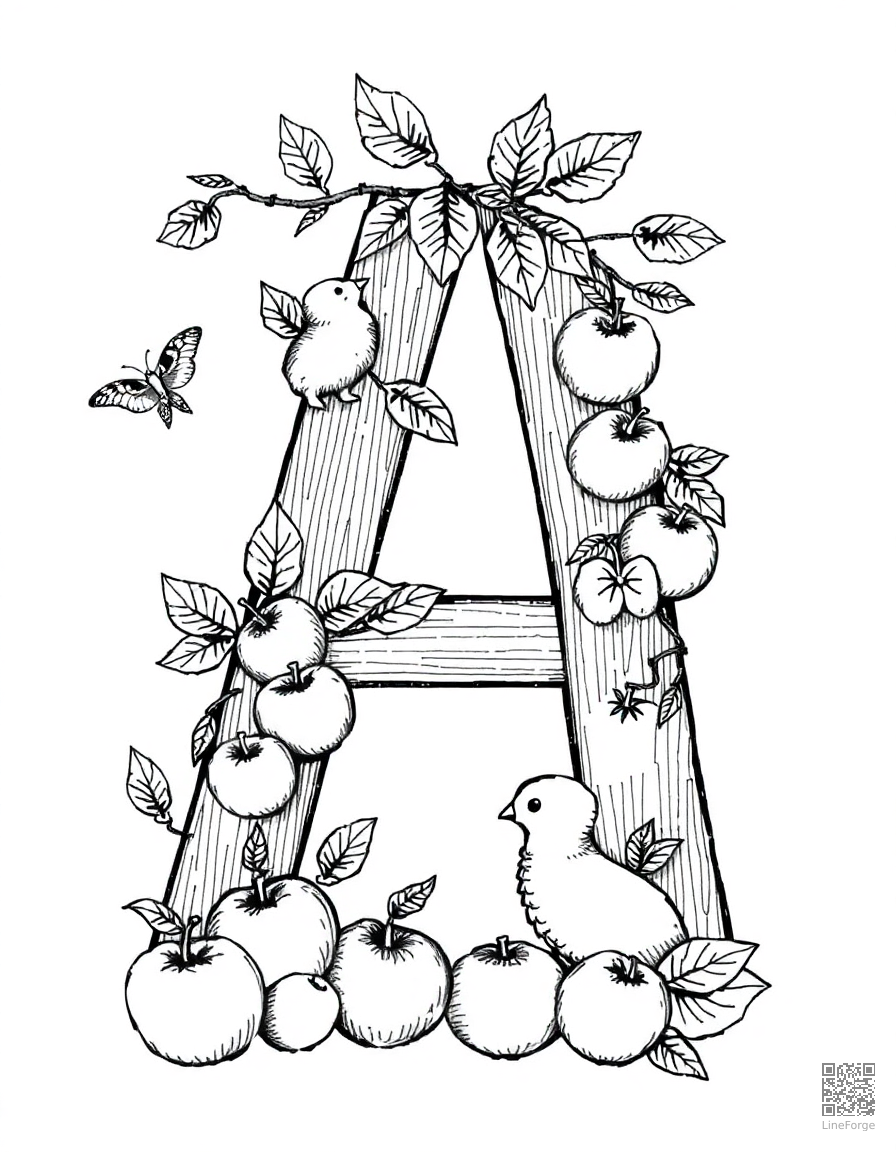 letter A decorated with animals and apples coloring page Crosshatch style - free printable