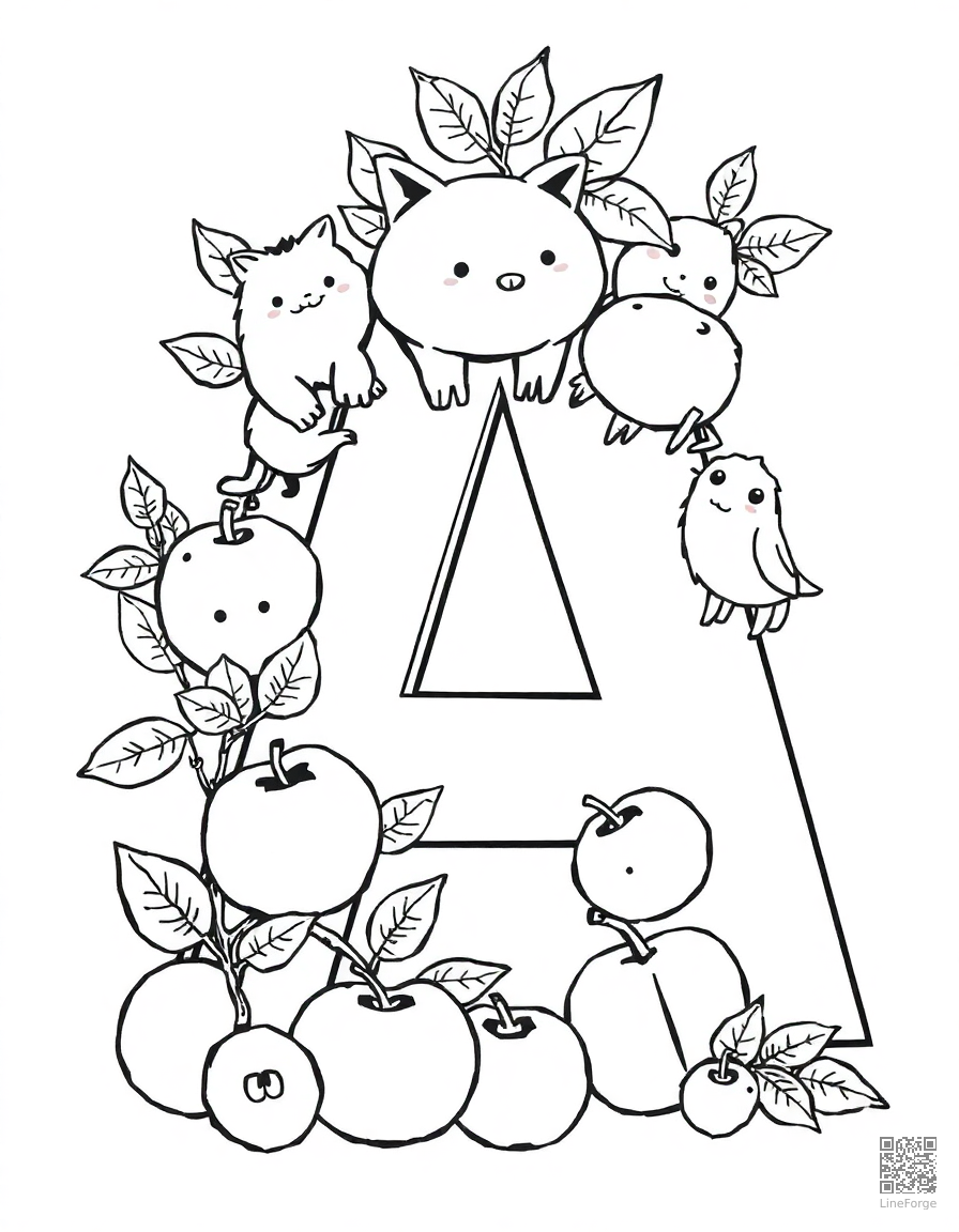 Free letter a decorated with animals and apples coloring page in manga style — printable line art