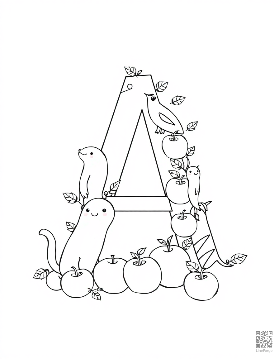 Free letter a decorated with animals and apples coloring page in minimal style — printable line art