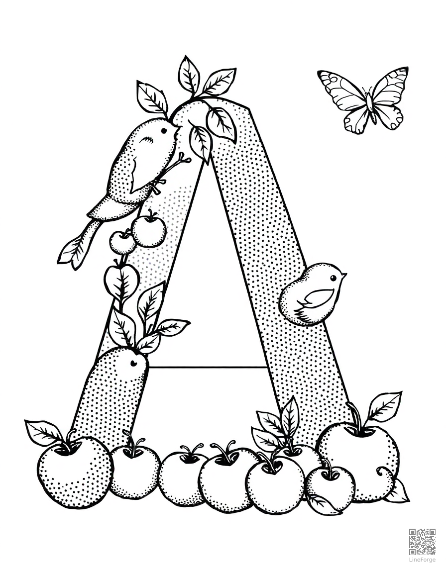 Free letter a decorated with animals and apples coloring page in stipple style — printable line art