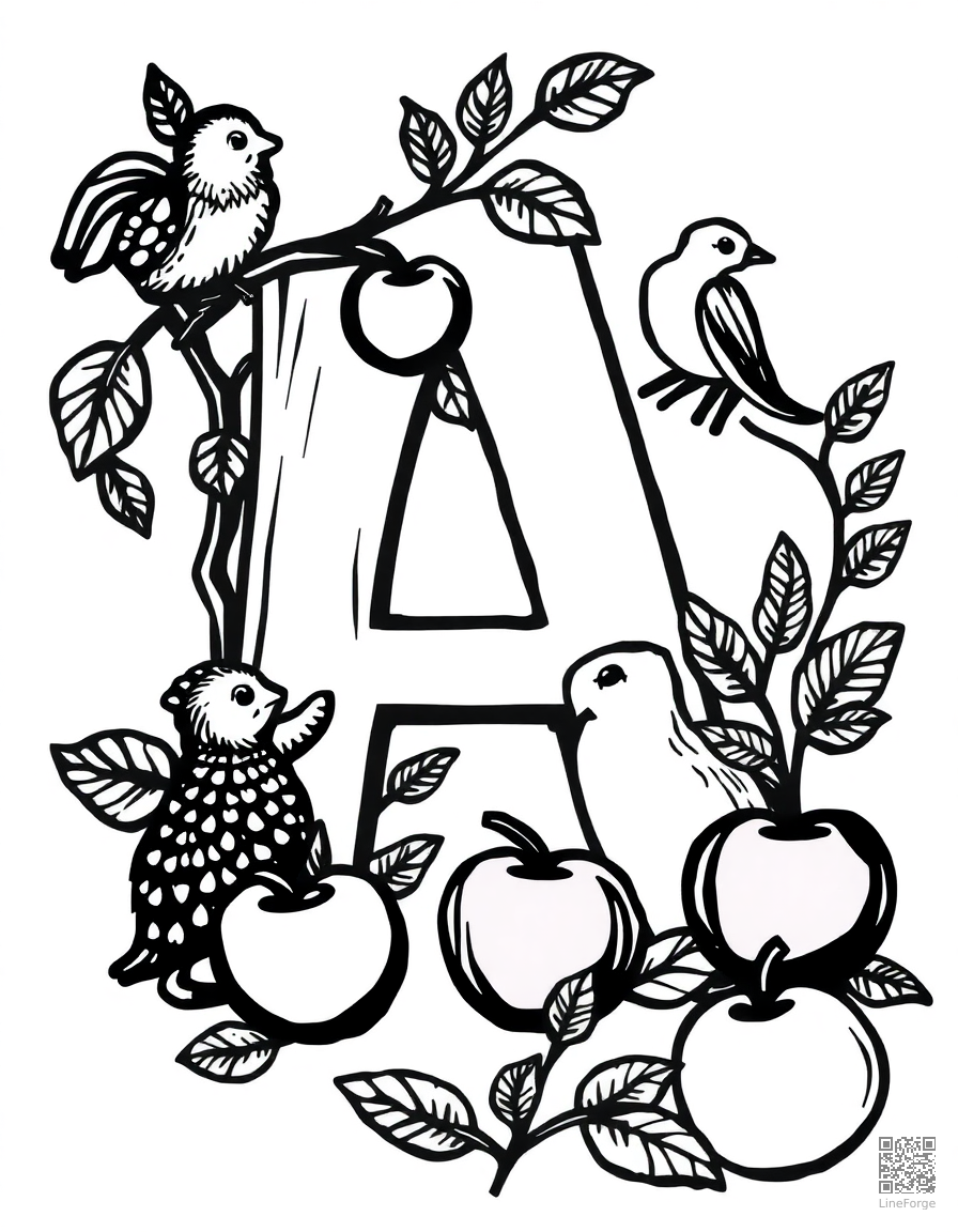 Free letter a decorated with animals and apples coloring page in woodcut style — printable line art