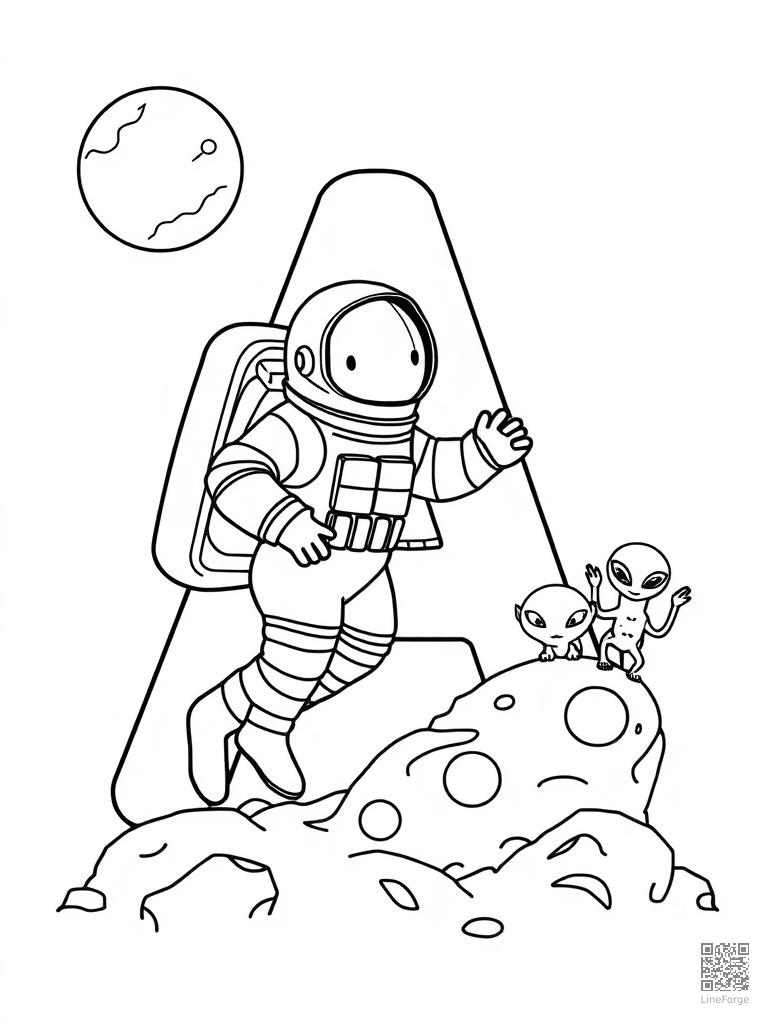 Letter A with astronaut and aliens on the moon coloring page Contour style - free printable