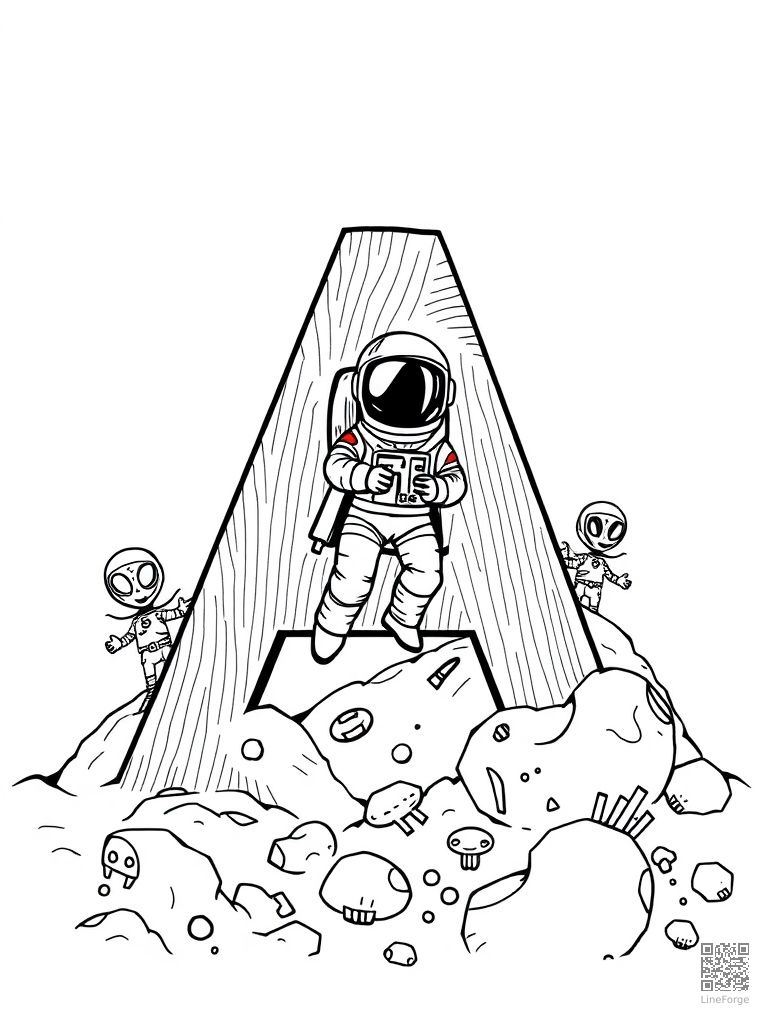 Letter A with astronaut and aliens on the moon coloring page Crosshatch style - free printable