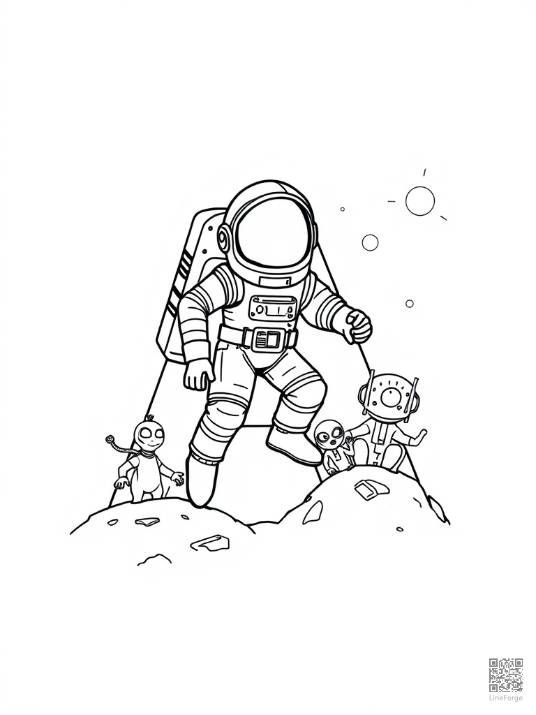 Free letter a with astronaut and aliens on the moon coloring page in manga style — printable line art