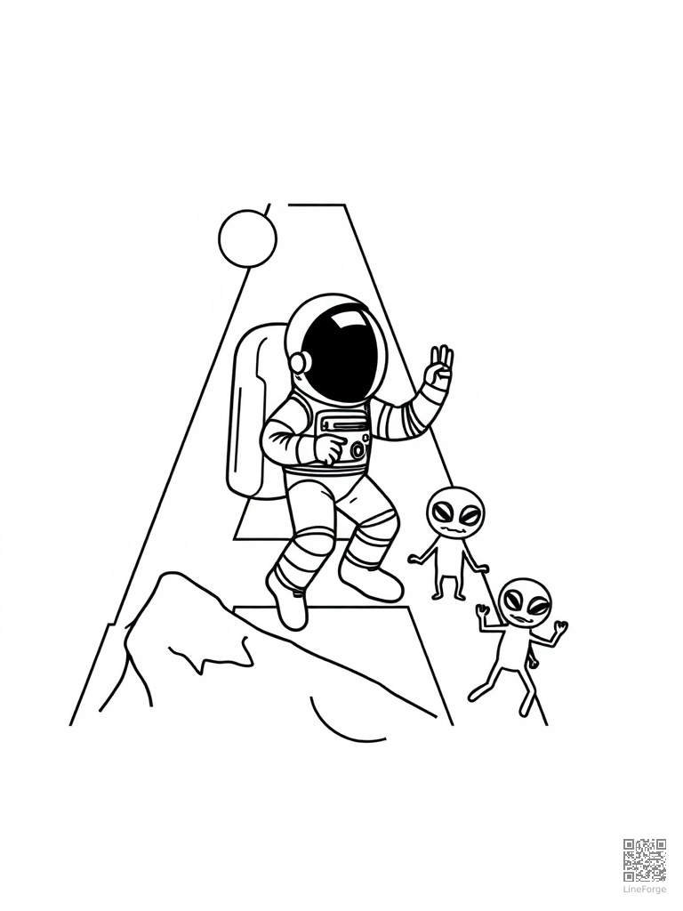 Free letter a with astronaut and aliens on the moon coloring page in minimal style — printable line art