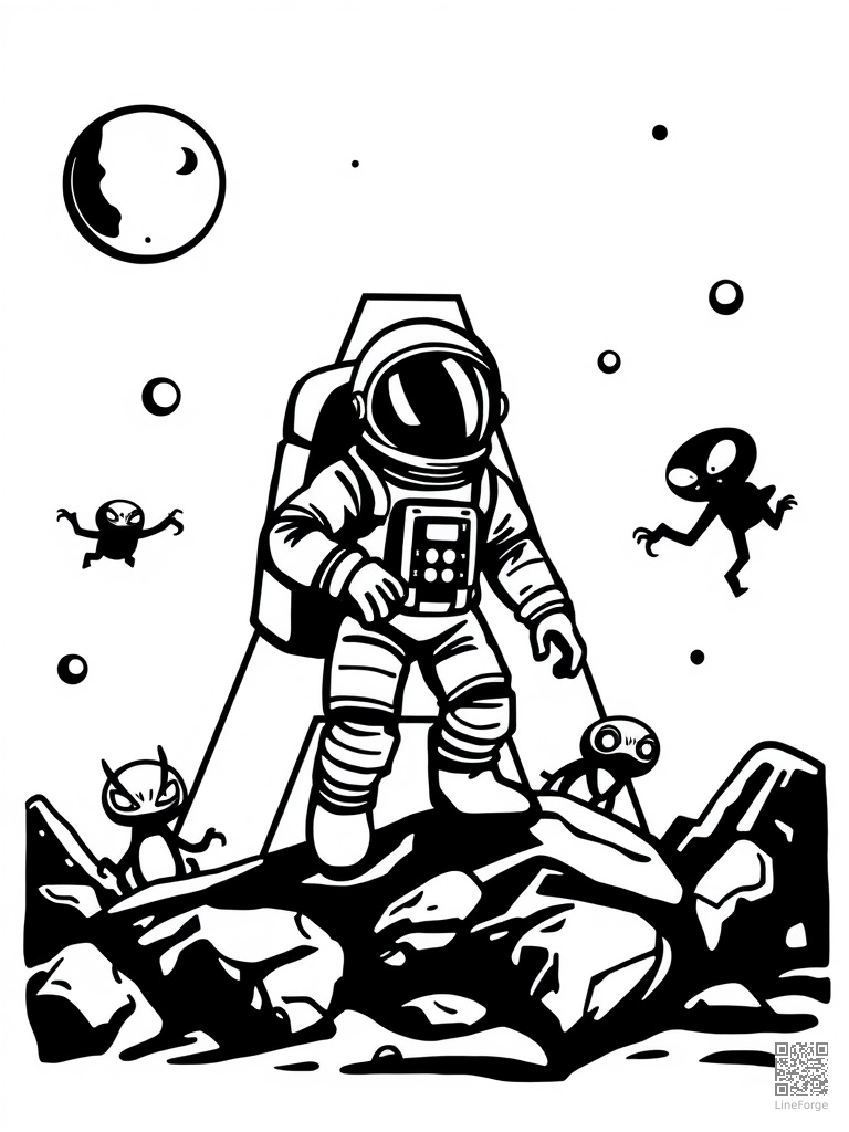 Free letter a with astronaut and aliens on the moon coloring page in woodcut style — printable line art