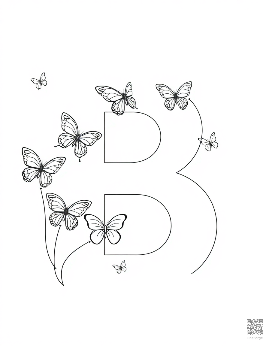 letter B decorated with butterflies and balloons coloring page Contour style - free printable