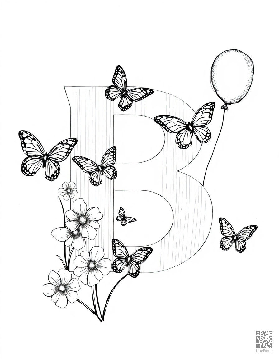 letter B decorated with butterflies and balloons coloring page Crosshatch style - free printable