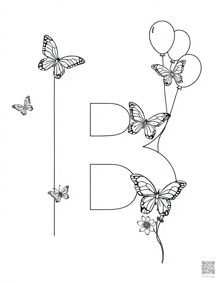 letter B decorated with butterflies and balloons coloring page Manga style - free printable