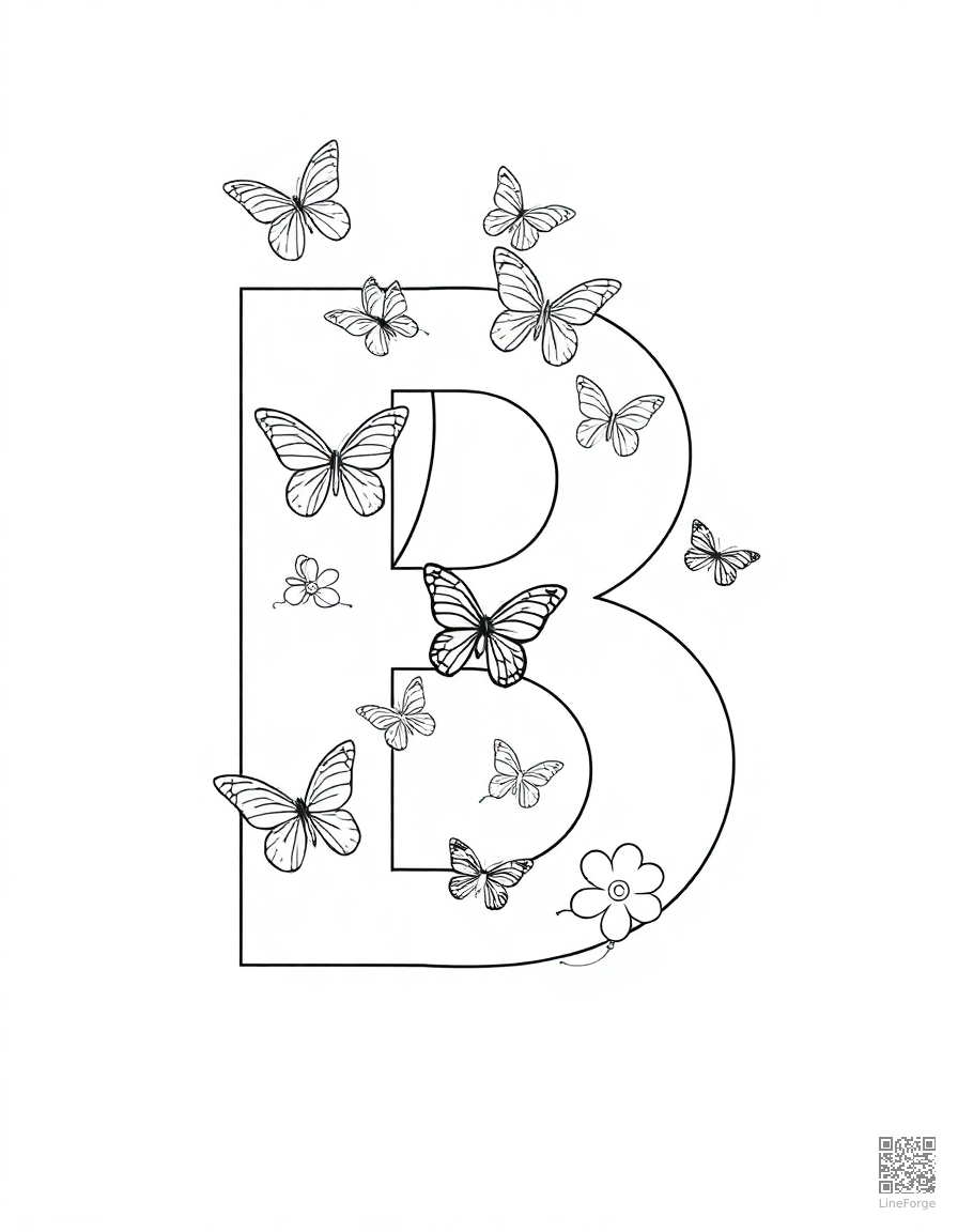 letter B decorated with butterflies and balloons coloring page Minimal style - free printable