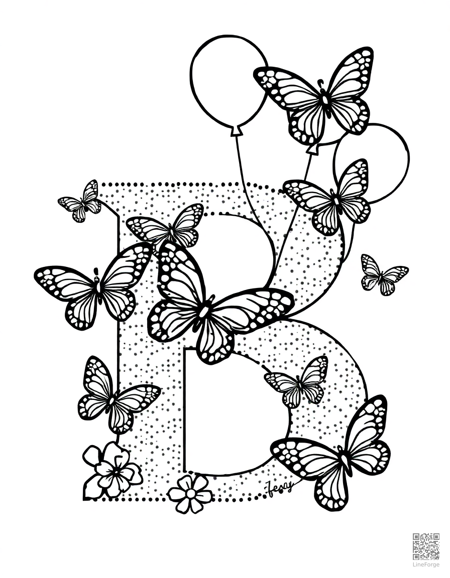 letter B decorated with butterflies and balloons coloring page Stipple style - free printable