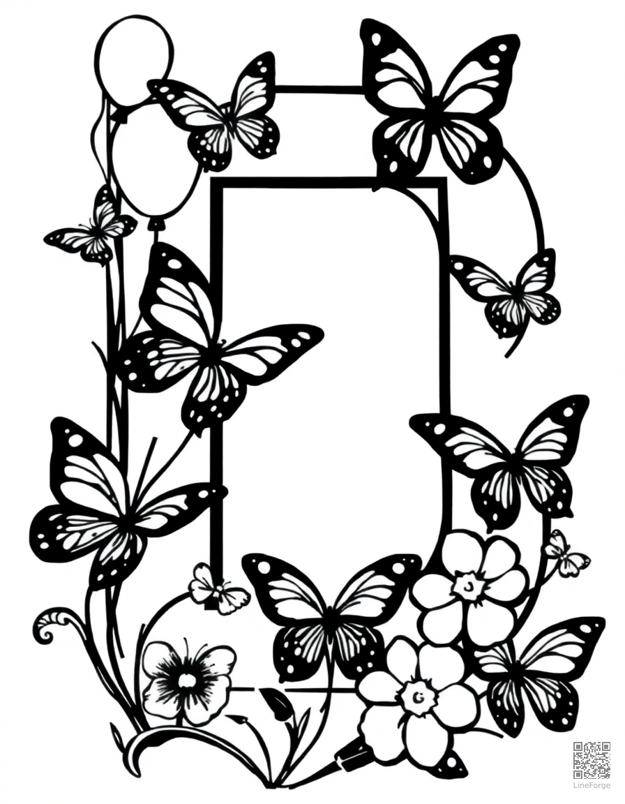letter B decorated with butterflies and balloons coloring page Woodcut style - free printable