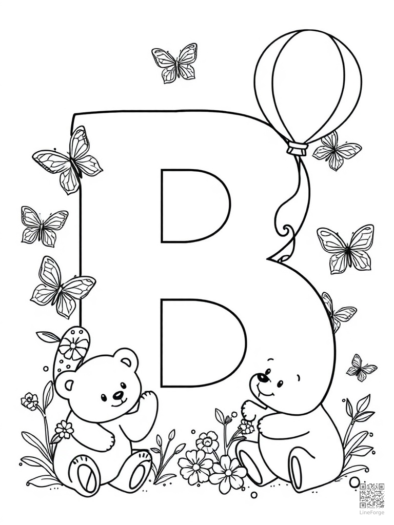 Letter B with bears butterflies and balloon coloring page Contour style - free printable