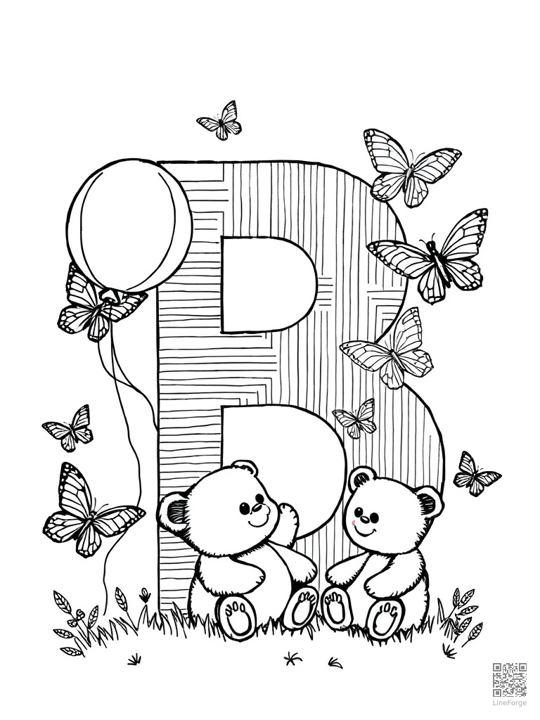 Letter B with bears butterflies and balloon coloring page Crosshatch style free printable