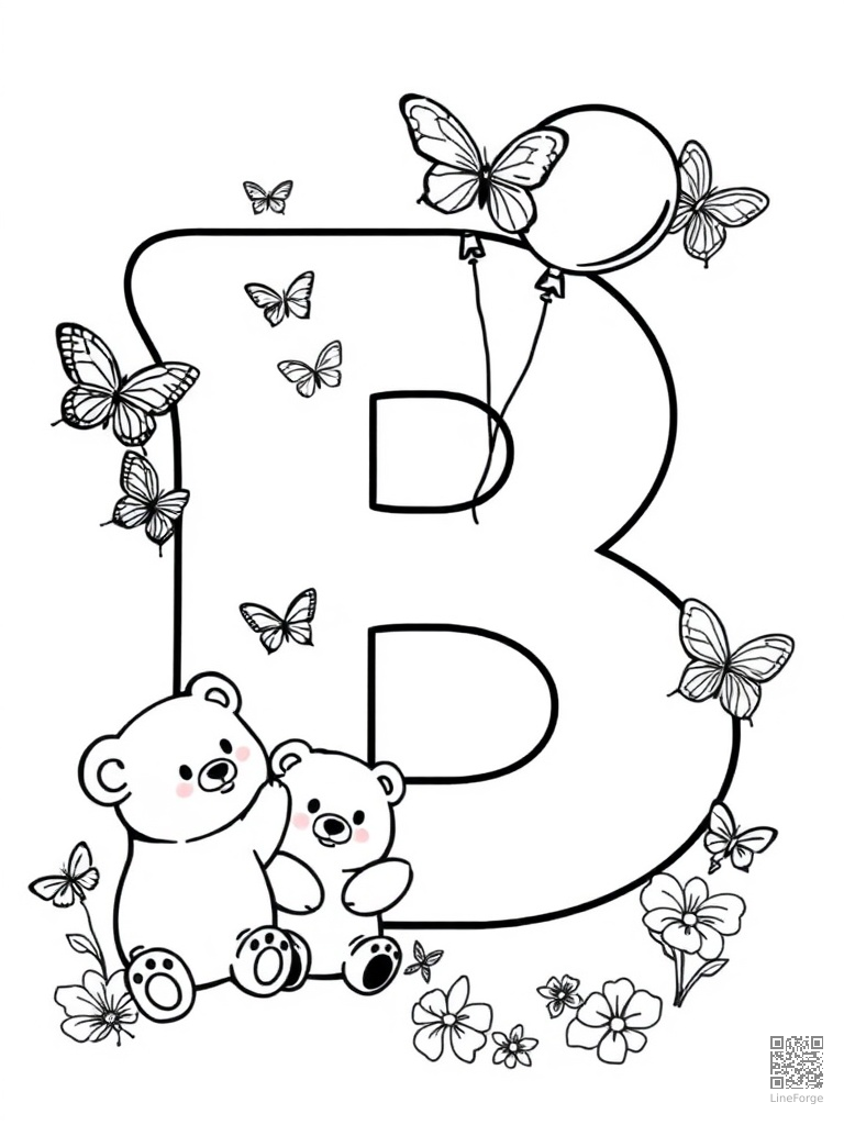 Letter B with bears butterflies and balloon coloring page Manga style free printable
