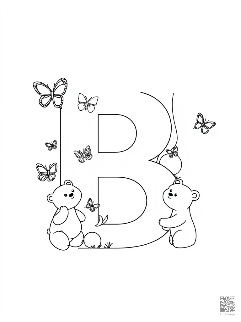 Letter B with bears butterflies and balloon coloring page Minimal style free printable