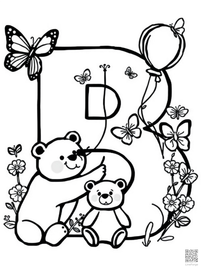 Letter B with bears butterflies and balloon coloring page Woodcut style free printable