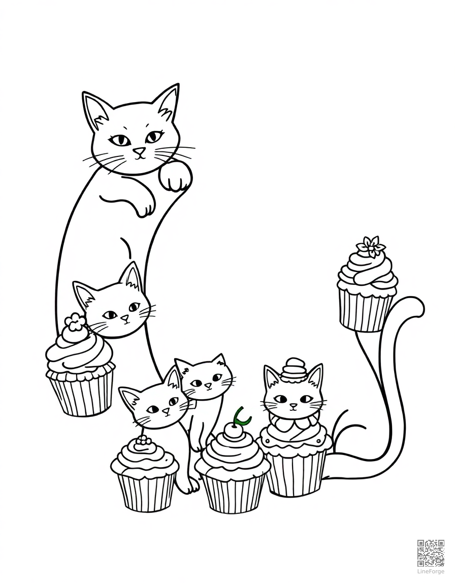 letter C decorated with cats and cupcakes coloring page Contour style - free printable