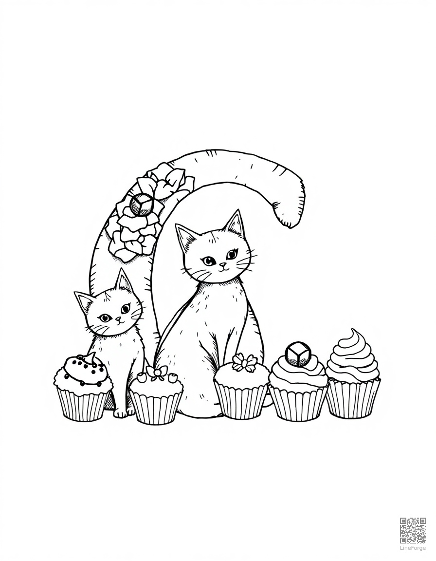 letter C decorated with cats and cupcakes coloring page Crosshatch style - free printable