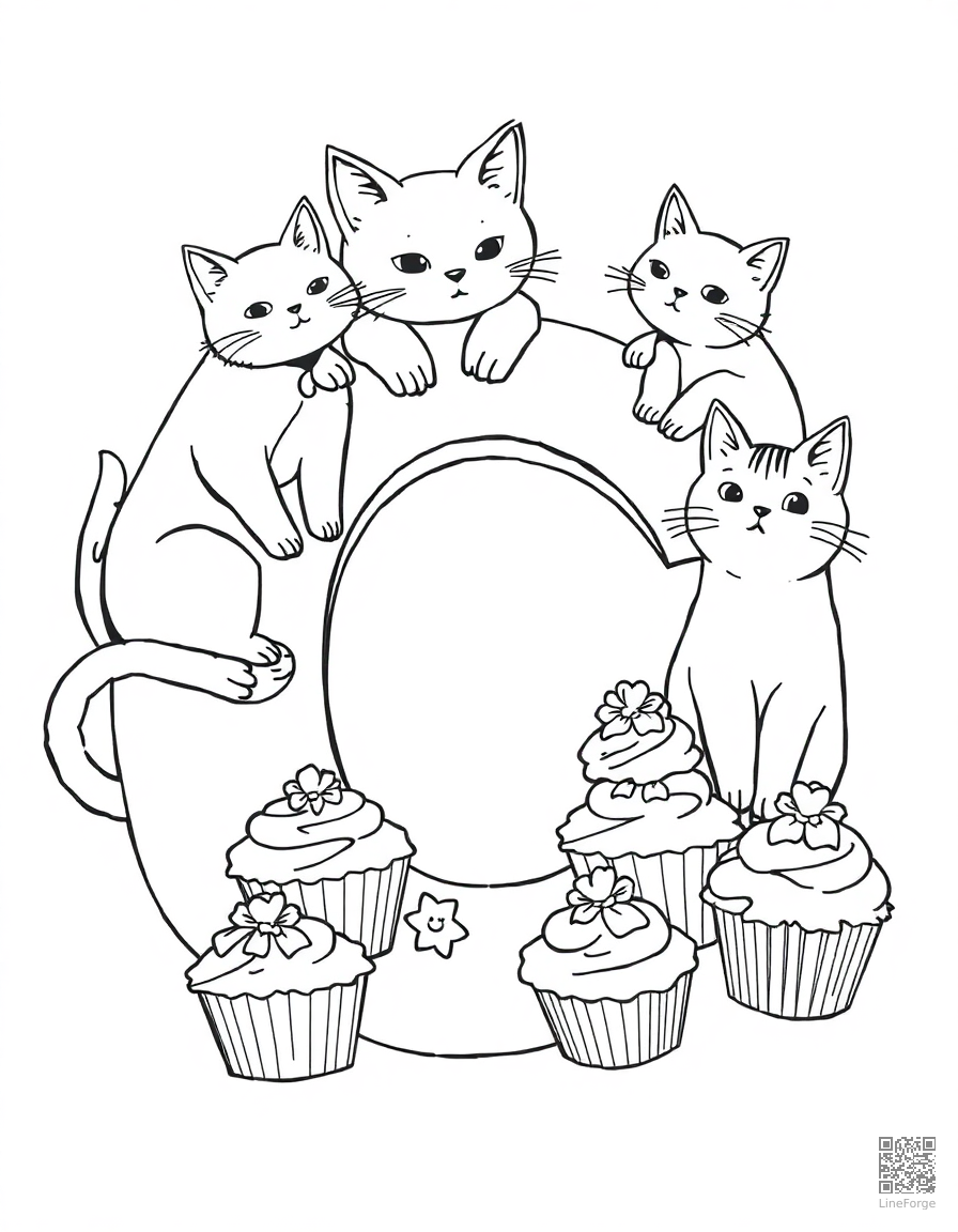 letter C decorated with cats and cupcakes coloring page Manga style - free printable