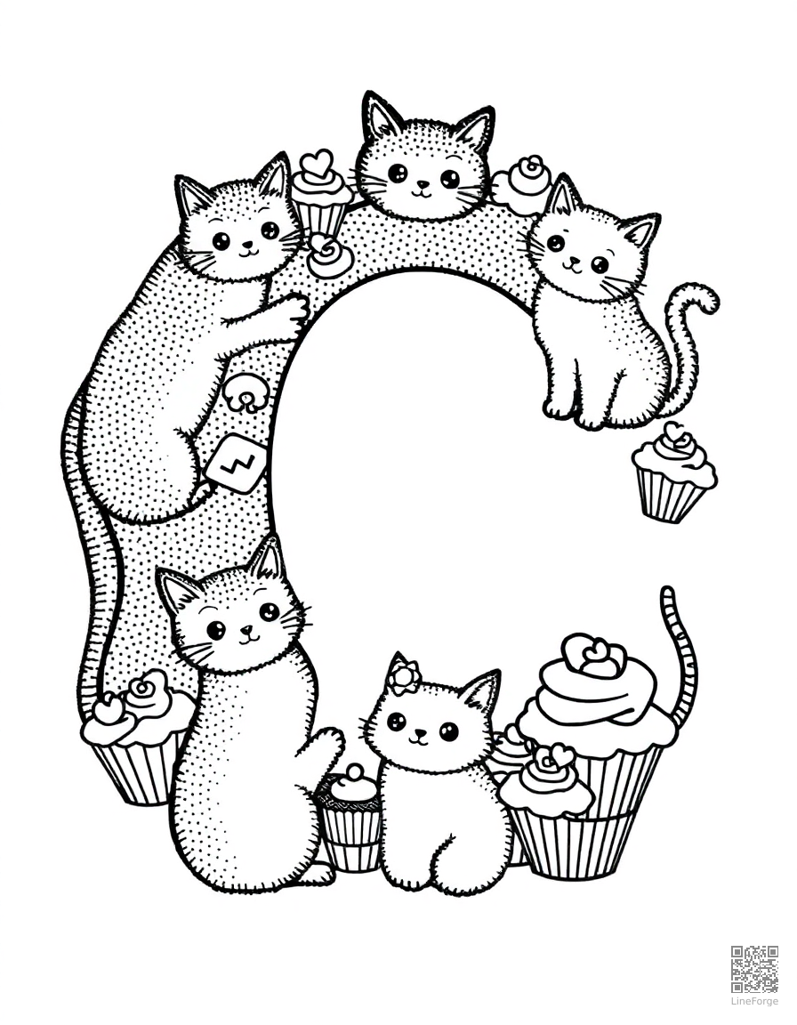 letter C decorated with cats and cupcakes coloring page Stipple style - free printable