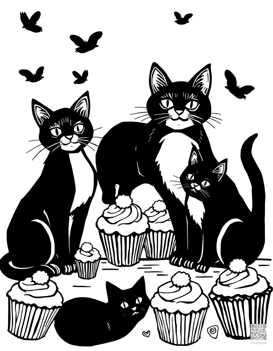letter C decorated with cats and cupcakes coloring page Woodcut style - free printable