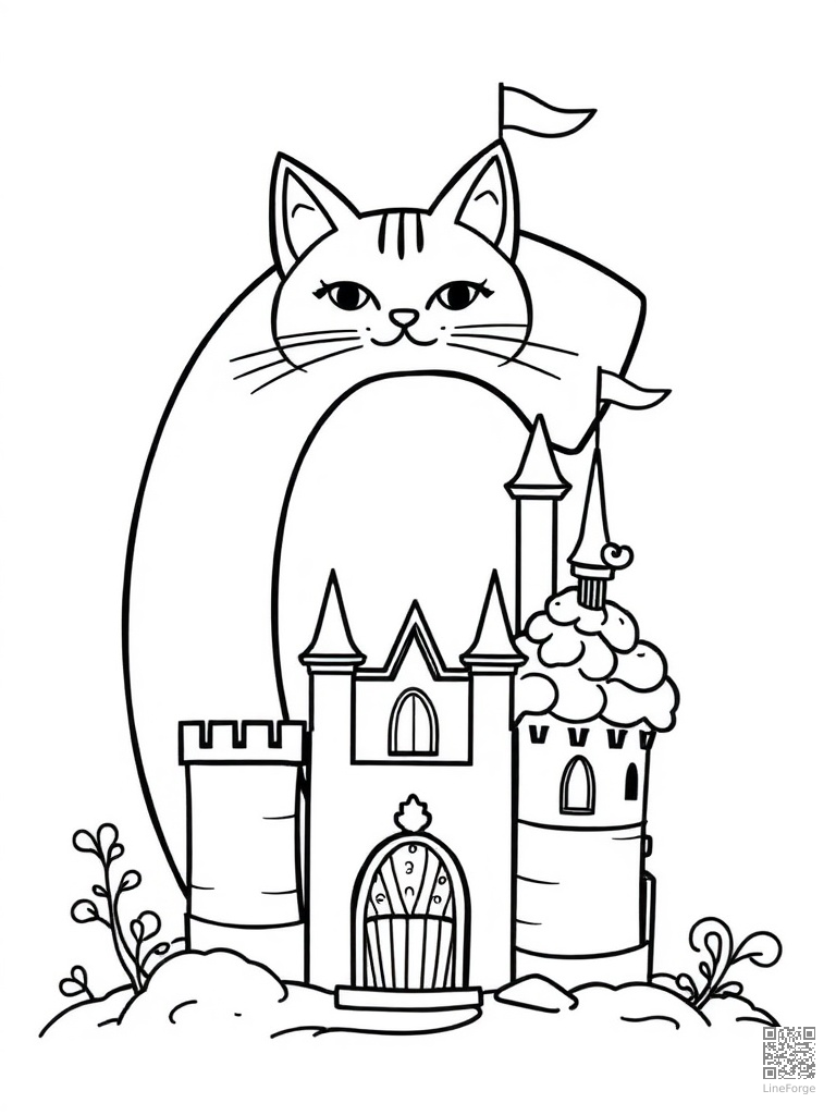 Letter C with cat castle and cupcake coloring page Contour style - free printable