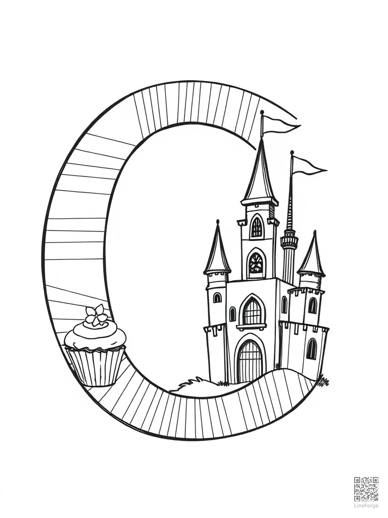 Letter C with cat castle and cupcake coloring page Crosshatch style - free printable