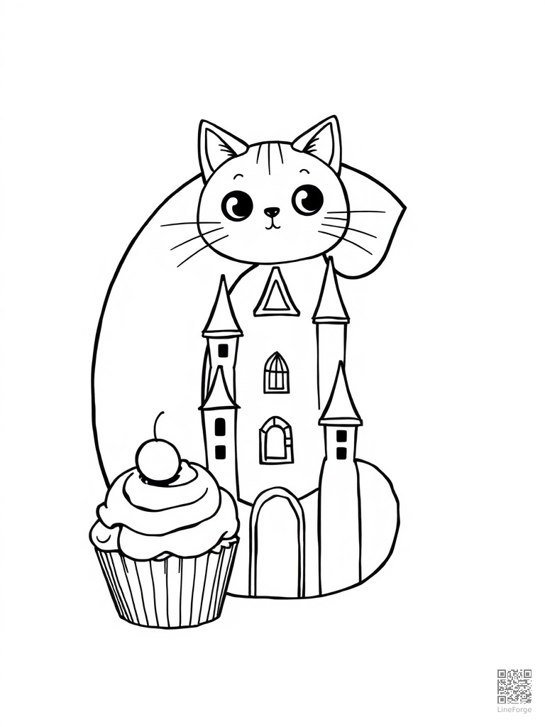 Letter C with cat castle and cupcake coloring page Manga style - free printable
