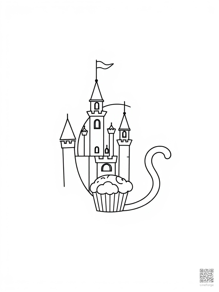 Letter C with cat castle and cupcake coloring page Minimal style - free printable