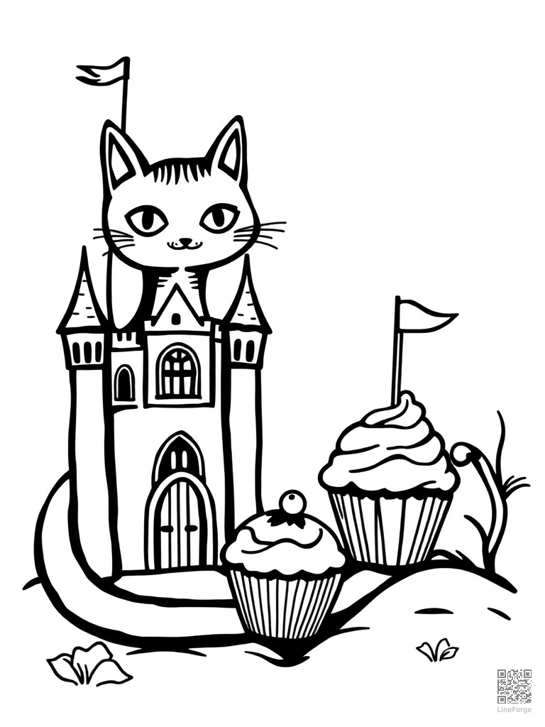 Letter C with cat castle and cupcake coloring page Woodcut style - free printable