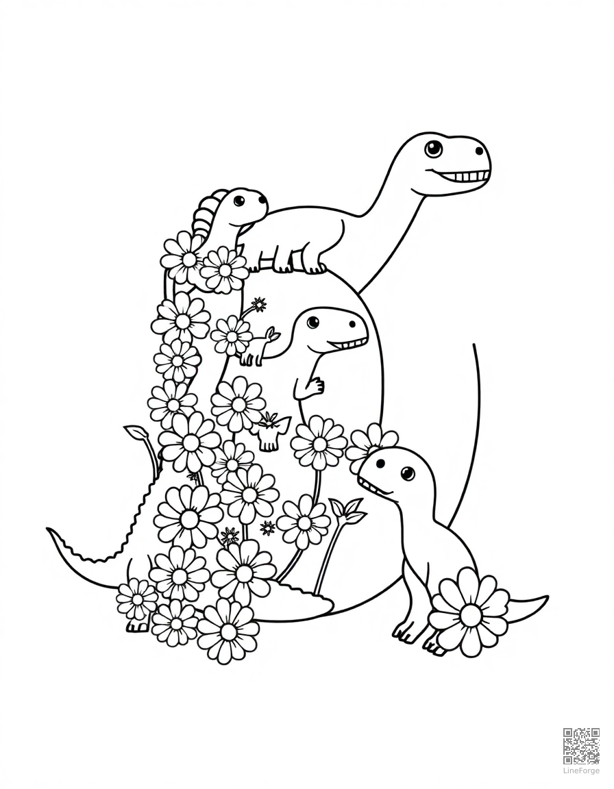 letter D decorated with dinosaurs and daisies coloring page Contour style free printable