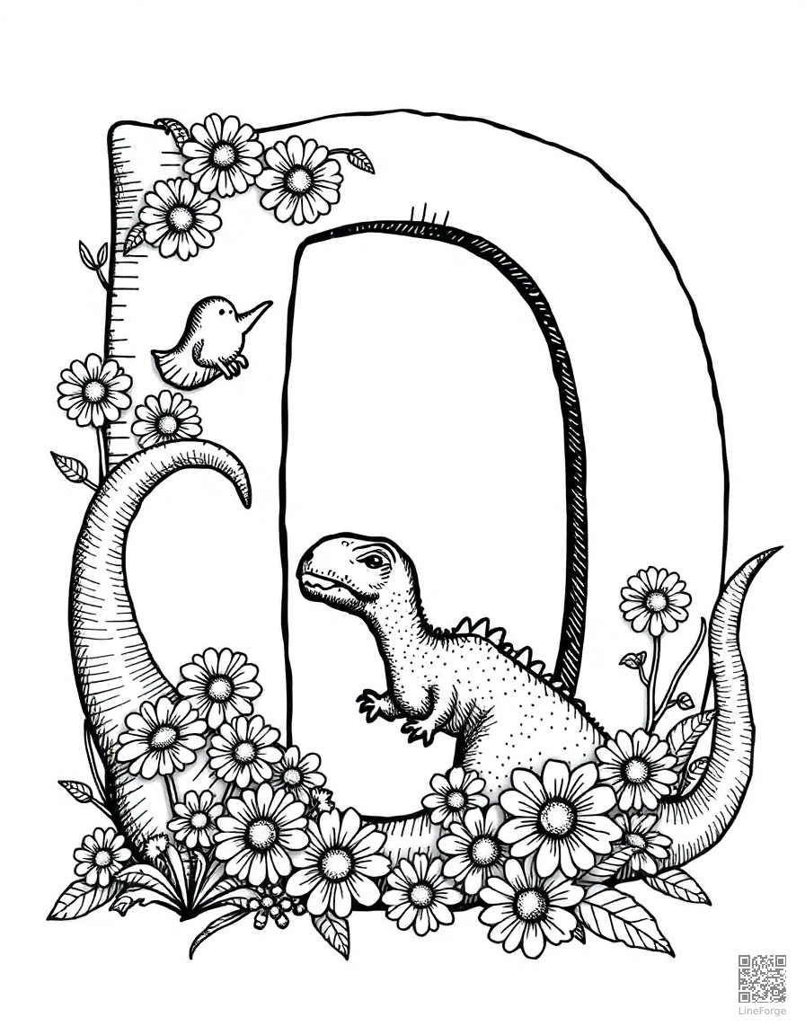 letter D decorated with dinosaurs and daisies coloring page Crosshatch style free printable
