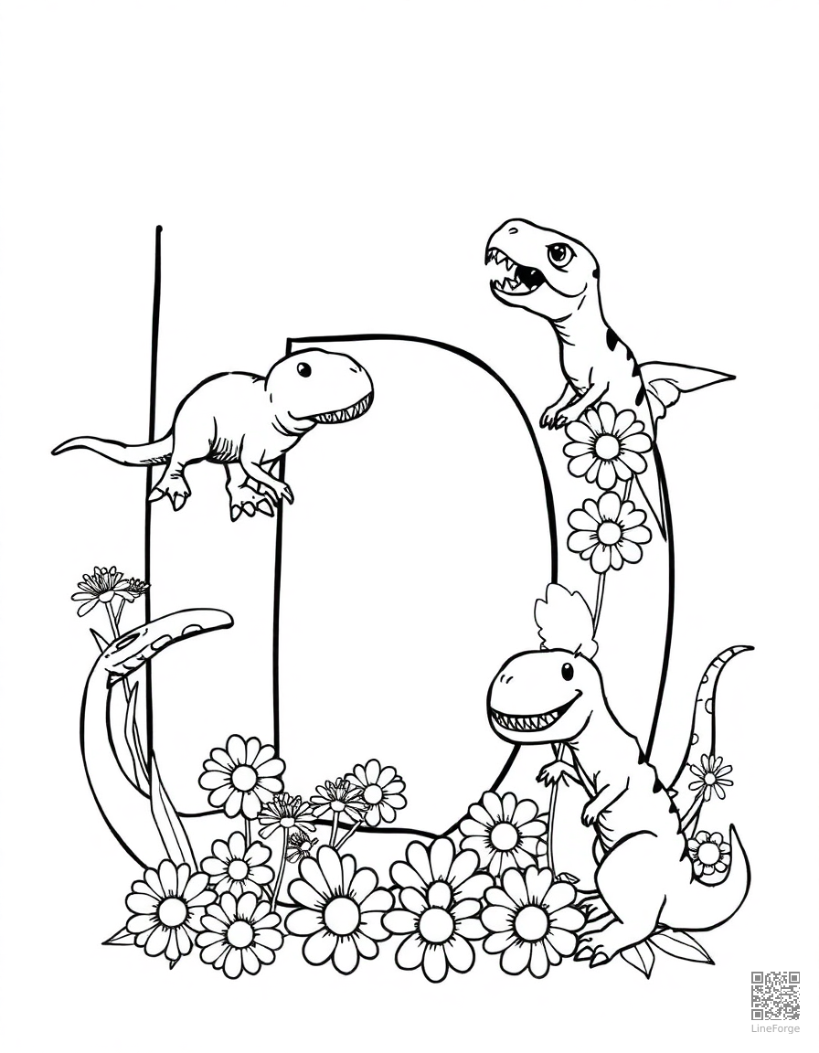 letter D decorated with dinosaurs and daisies coloring page Manga style free printable