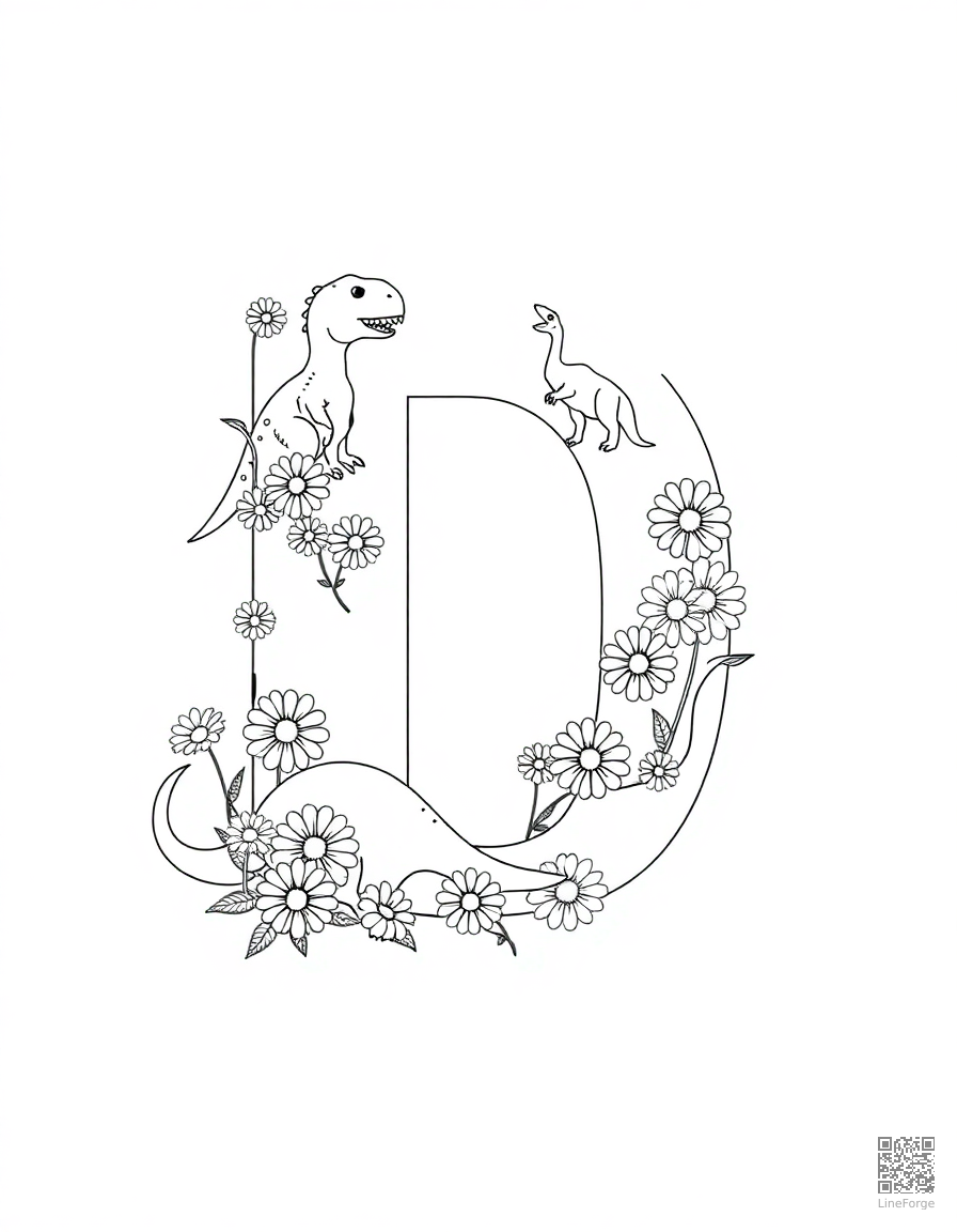 letter D decorated with dinosaurs and daisies coloring page Minimal style free printable