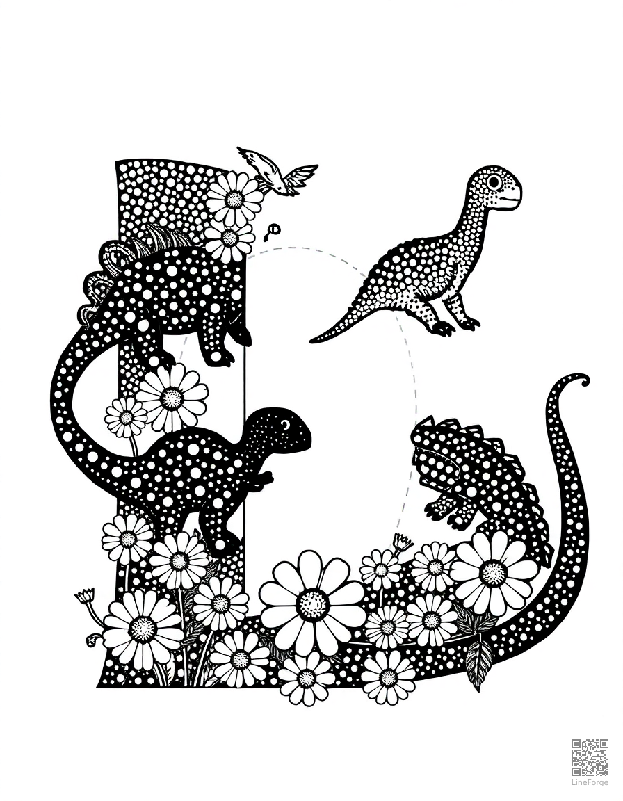 letter D decorated with dinosaurs and daisies coloring page Stipple style free printable