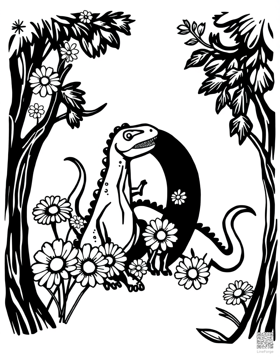 letter D decorated with dinosaurs and daisies coloring page Woodcut style free printable