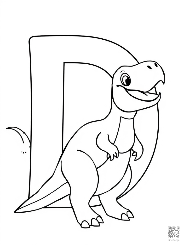 Letter D with dinosaur dog and dolphin coloring page Contour style - free printable