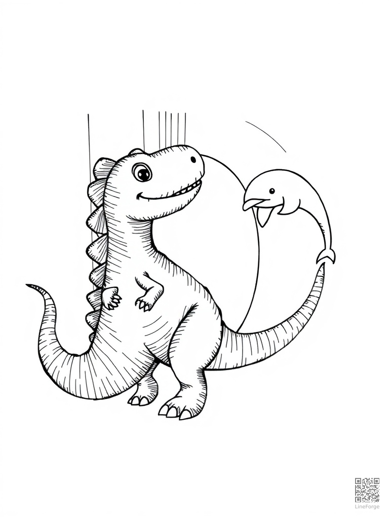 Letter D with dinosaur dog and dolphin coloring page Crosshatch style - free printable