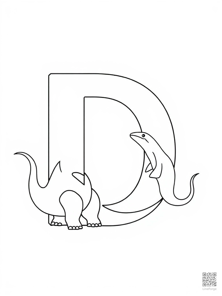 Letter D with dinosaur dog and dolphin coloring page Minimal style - free printable