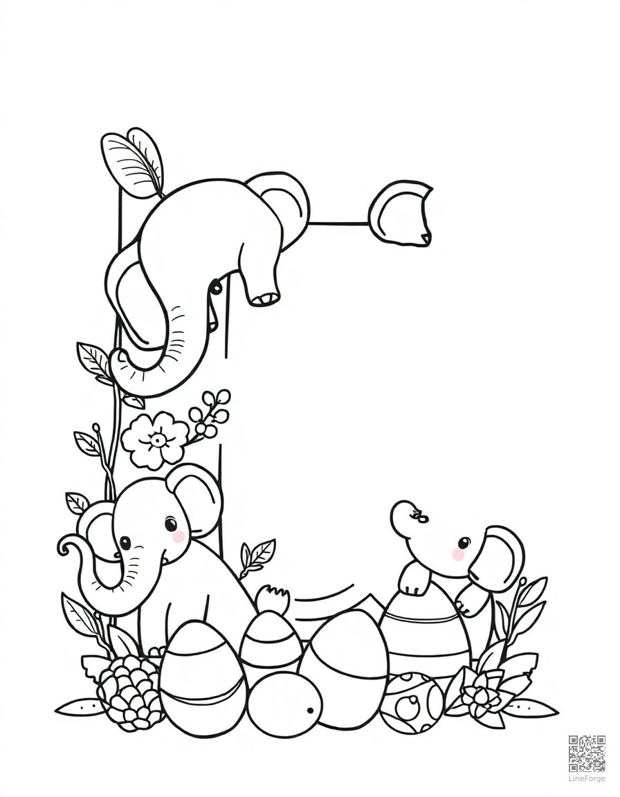 letter E decorated with elephants and eggs coloring page Contour style - free printable